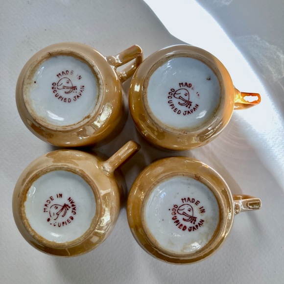 Japanese Orange Porcelain Lustreware 4 Demitasse Cups & 2 Saucers, 1940's - Picture 9 of 13
